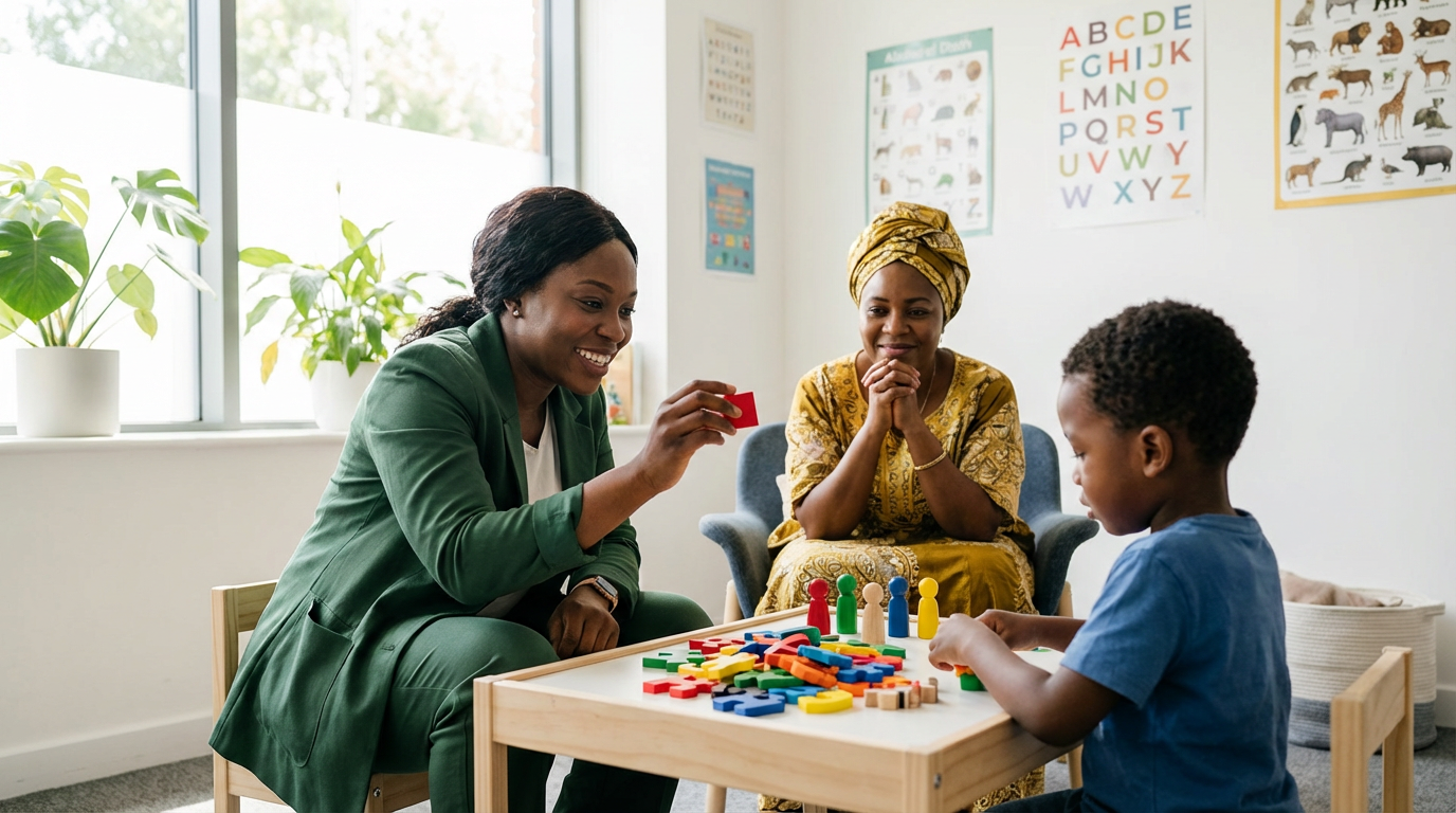 Autism therapy session with therapist, child, and parent